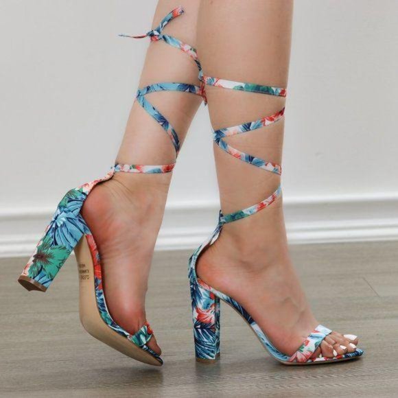 Shoes - Blue Floral Laced-up Leg Tie, Ankle Strap High Heels Sandals